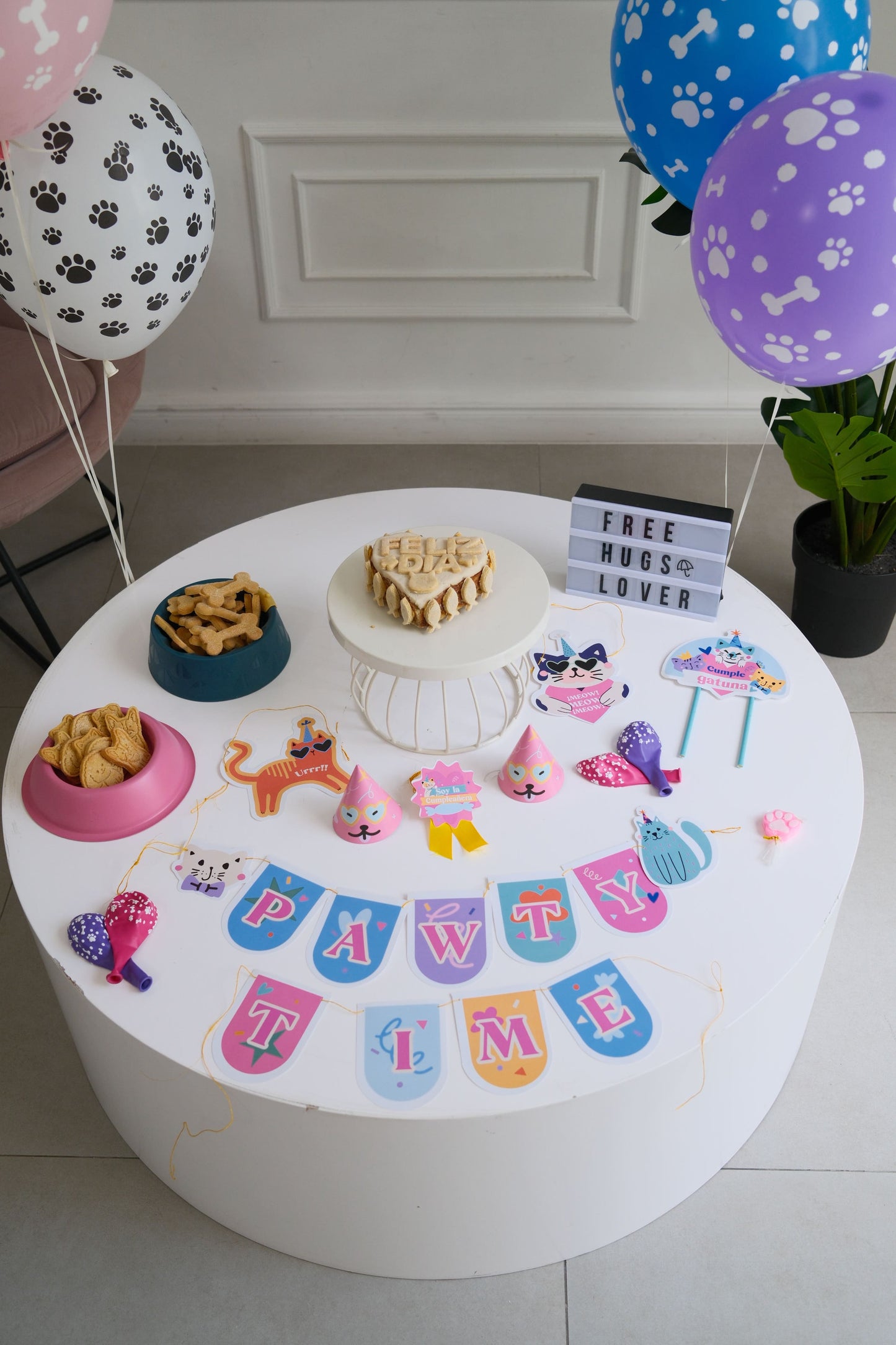 combo cumpleaños gato pastel y decoración de fiesta