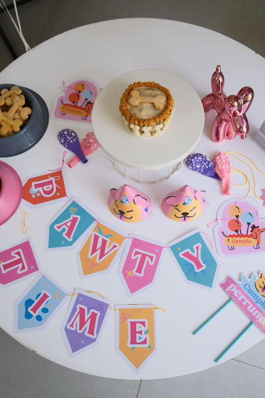 combo cumpleaños perro pastel 500 gr redondo con decoración de fiesta
