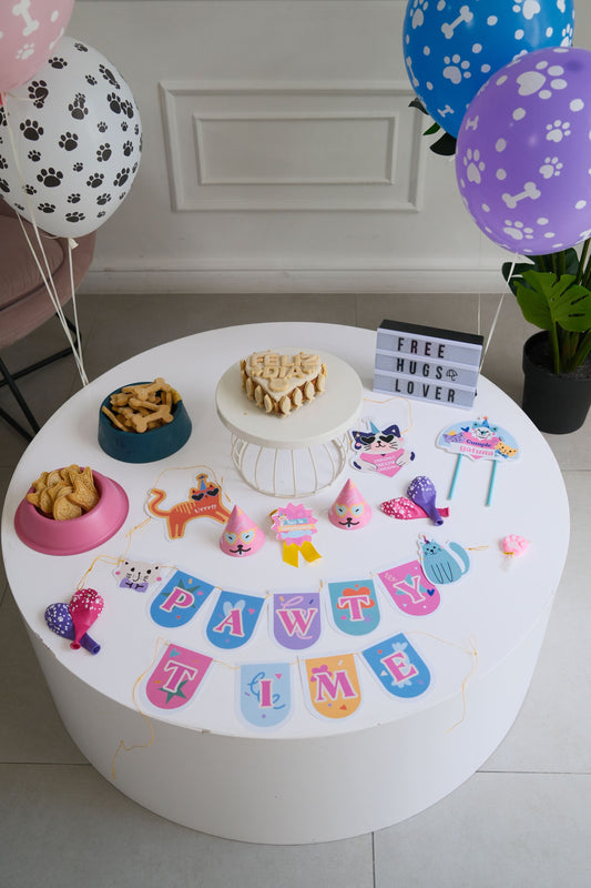 combo cumpleaños gato pastel y decoración de fiesta